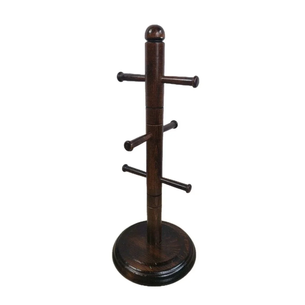 VTG  Wooden 6 Peg Coffee Mug Rack Tea Cup Holder Dark Wood Tree Stand Cottage